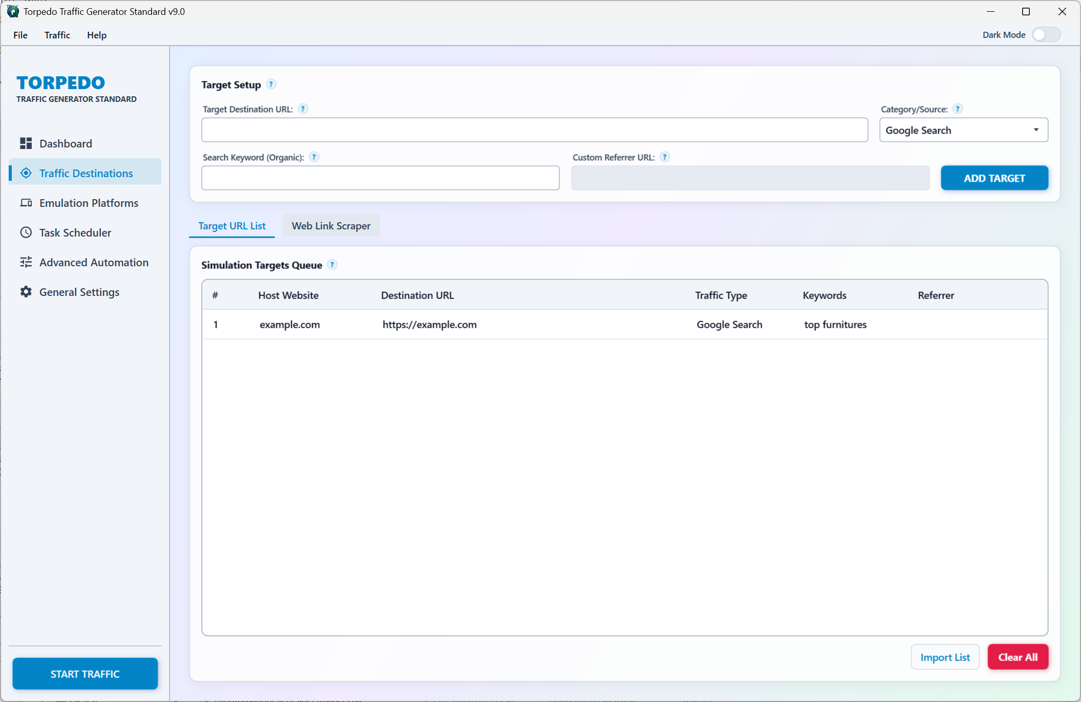 Torpedo Traffic Standard - Target URL & Keyword Setup